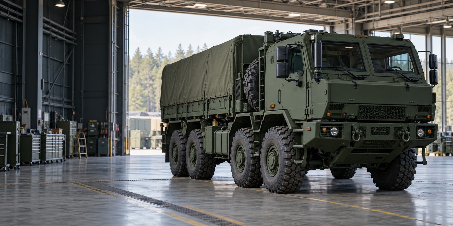 Concept image of an unmarked green logistics vehicle in a maintenance hangar.