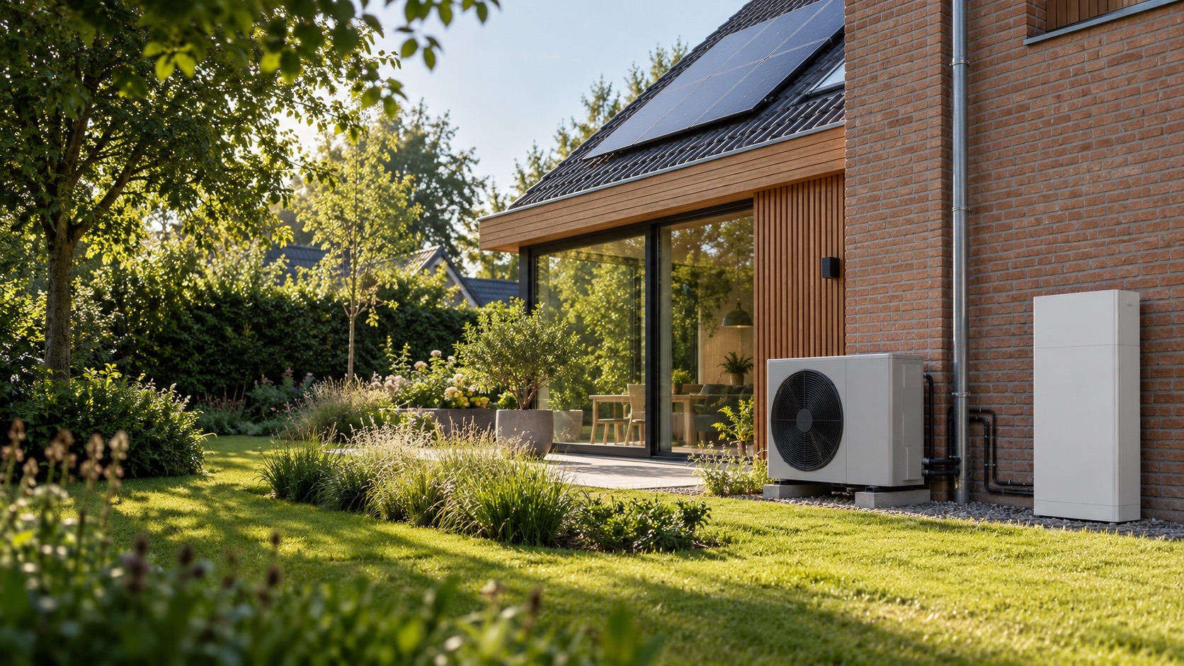 Concept image of a modern home with a heat pump, home battery and rooftop solar panels.