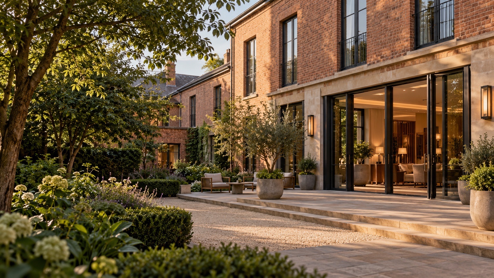 Concept image of a well-maintained brick hotel building and landscaped courtyard.