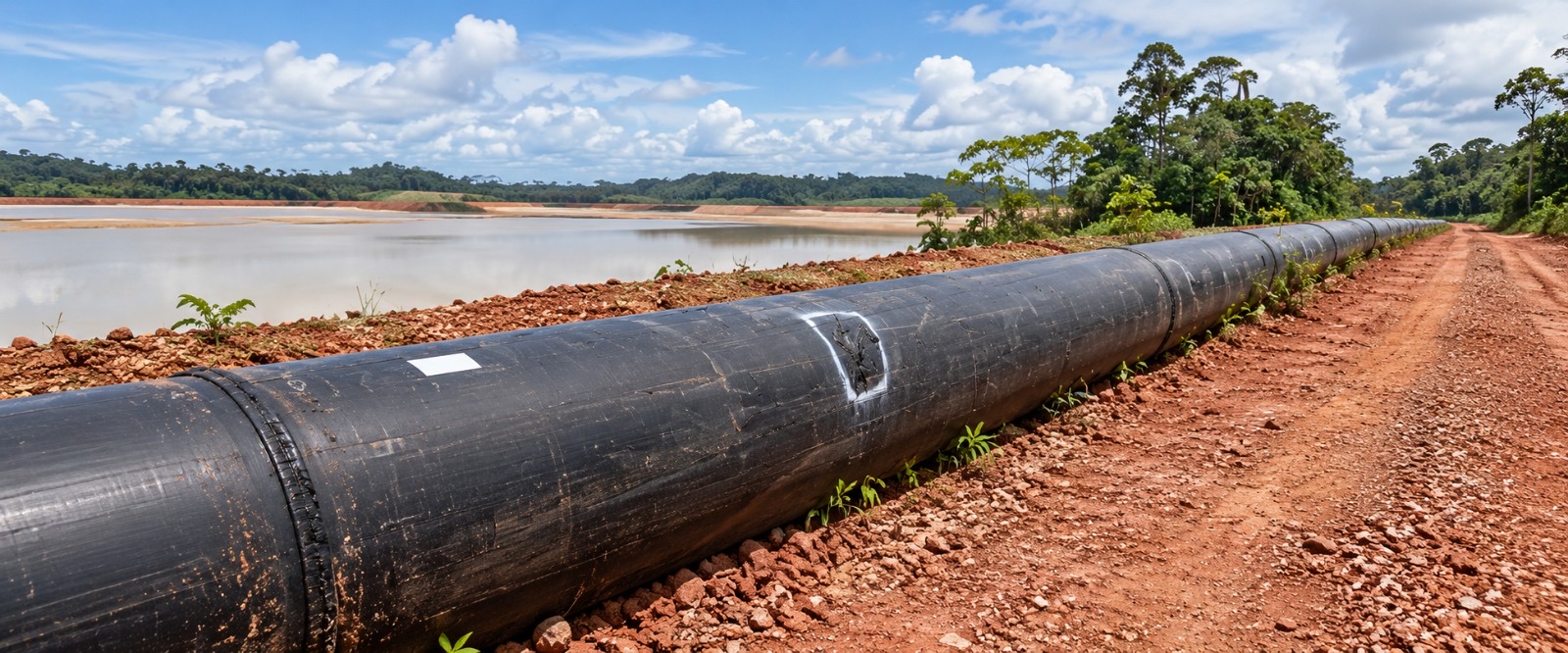 Pipeline beside a water basin and red-earth access road in a tropical mining environment