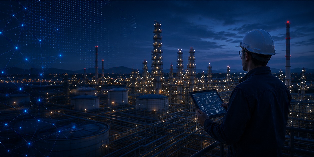 Industrial site with a field worker holding a tablet
