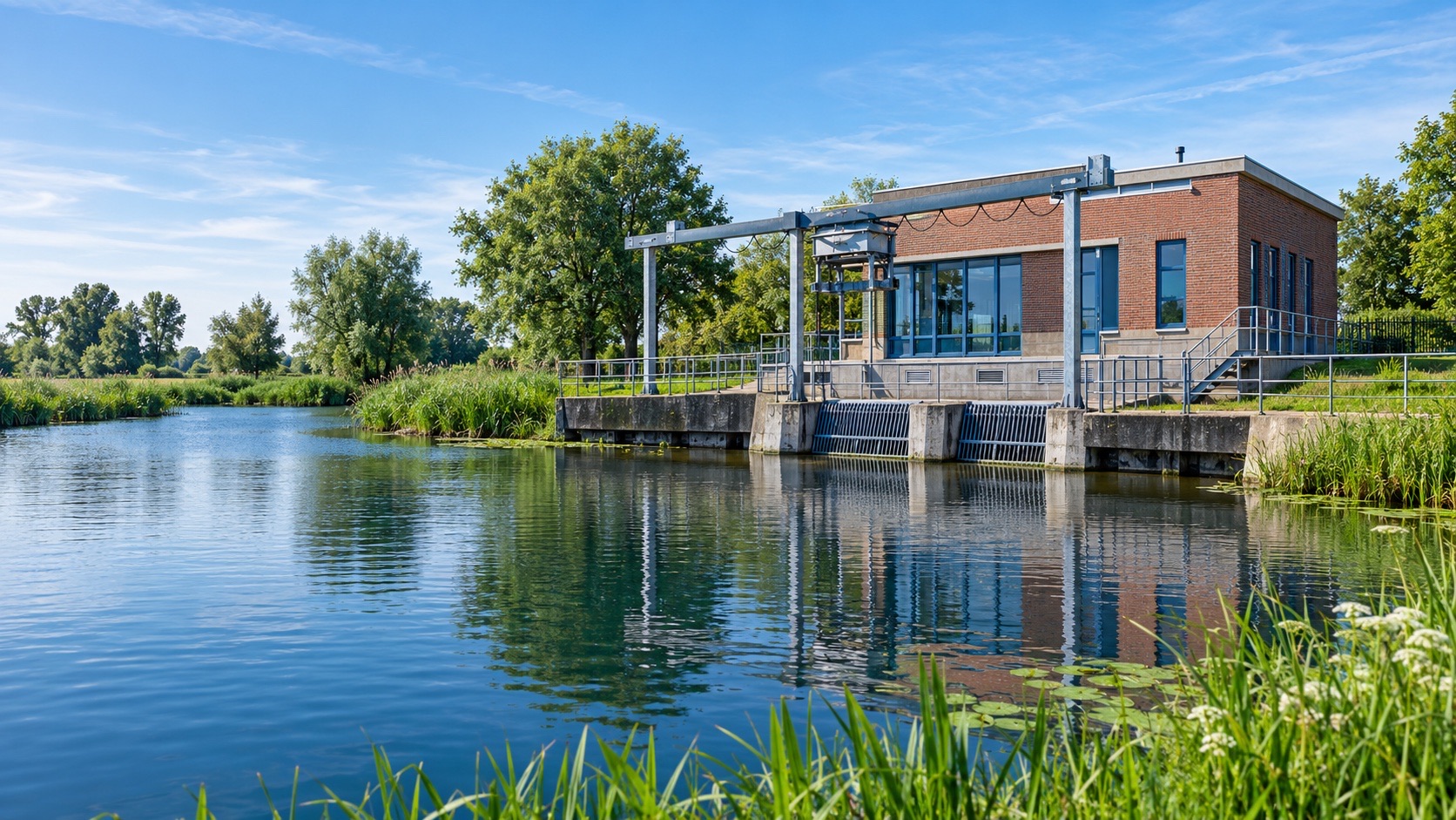 Concept image of a Dutch brick pumping station with intake screens beside a canal, without exposed pipes.